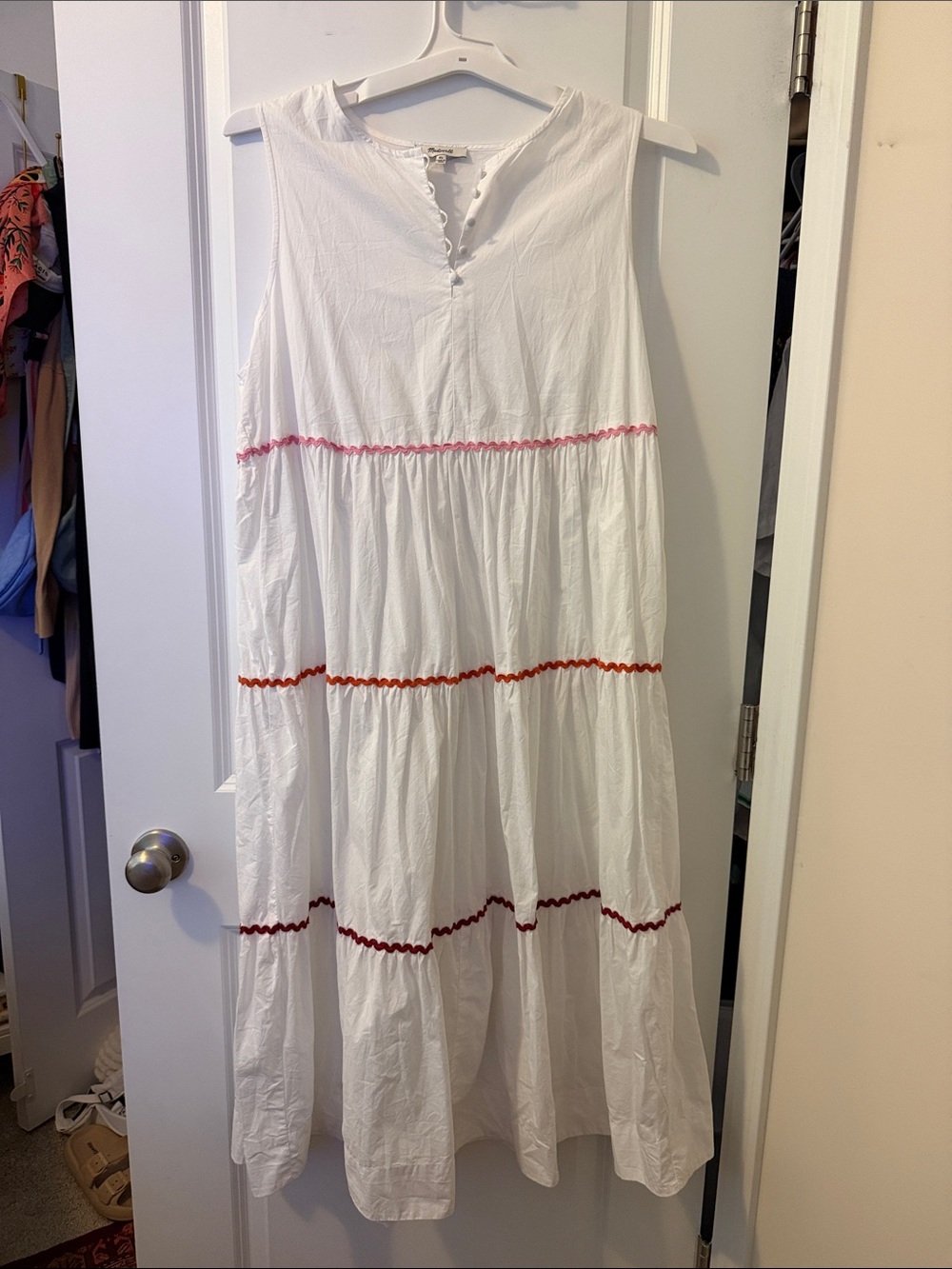 Madewell White Midi Dress with Pink & Red Trim